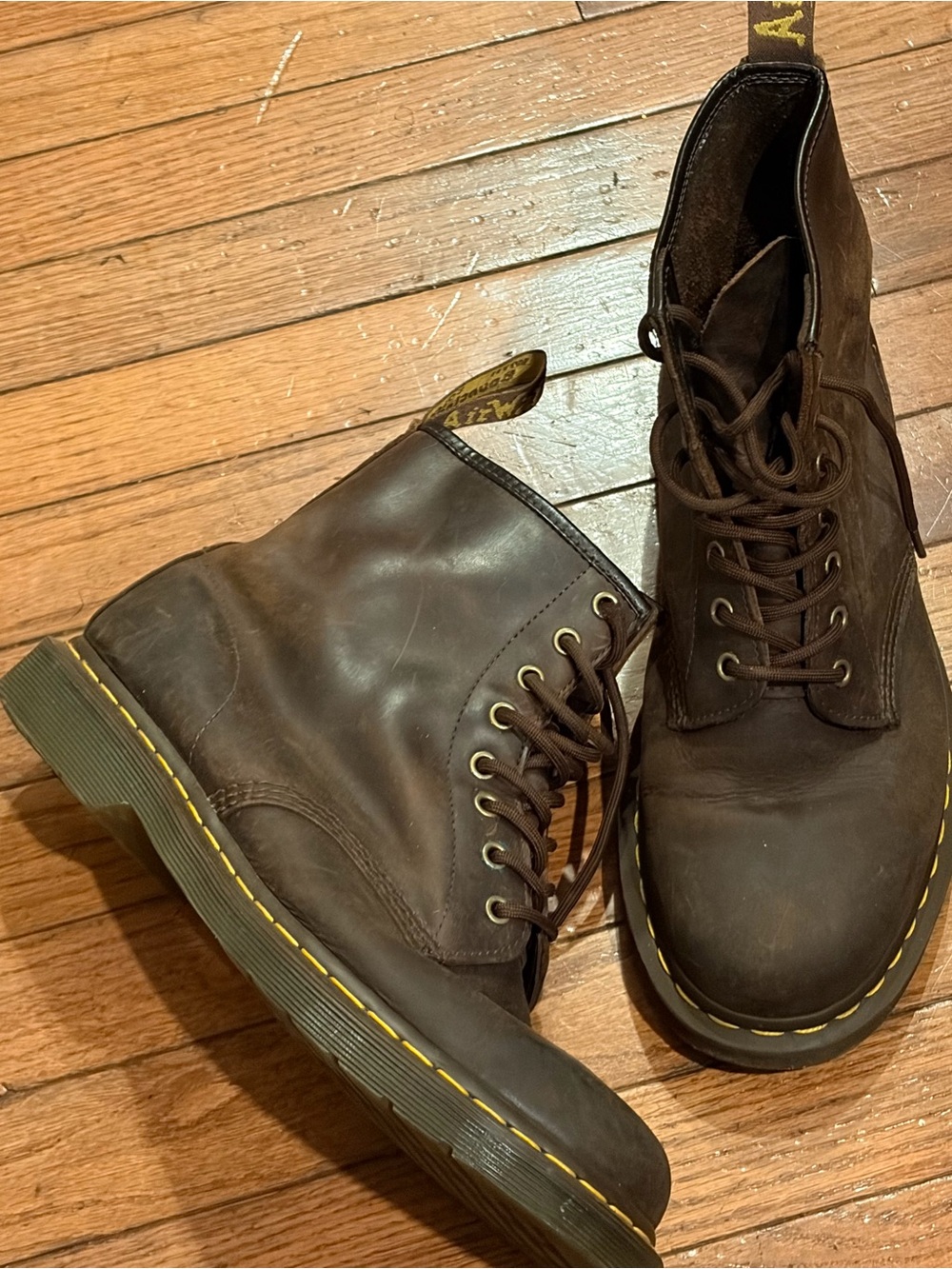 Dr. Martens Brown Leather 8-Eye Lace-Up Boots with Yellow Stitching size 10